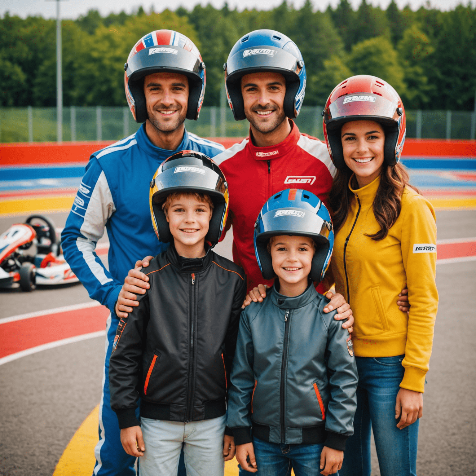 Une famille joyeuse portant des casques de karting, souriant et se tenant devant une piste de karting colorée. Les karts sont visibles en arrière-plan, illustrant l'excitation et le plaisir du karting en famille.