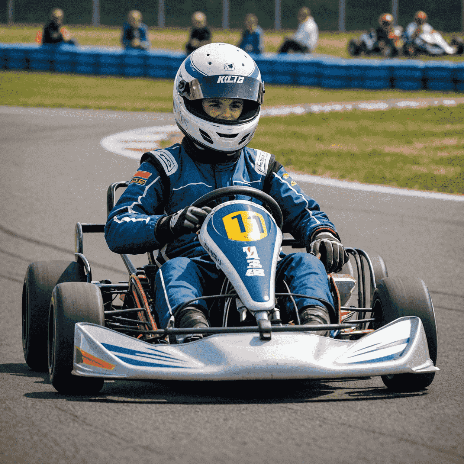 Un jeune pilote de kart en pleine action sur une piste, portant un casque et une combinaison de course, avec d'autres karts en arrière-plan