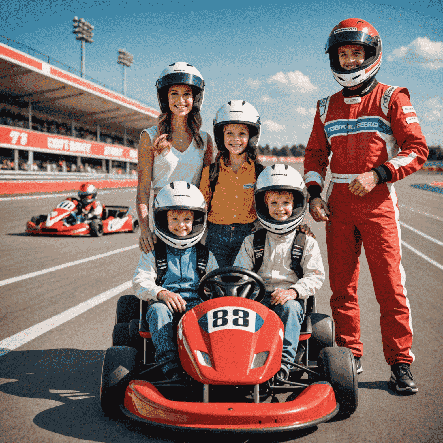 Une famille heureuse portant des casques de karting, debout devant des karts sur une piste de course