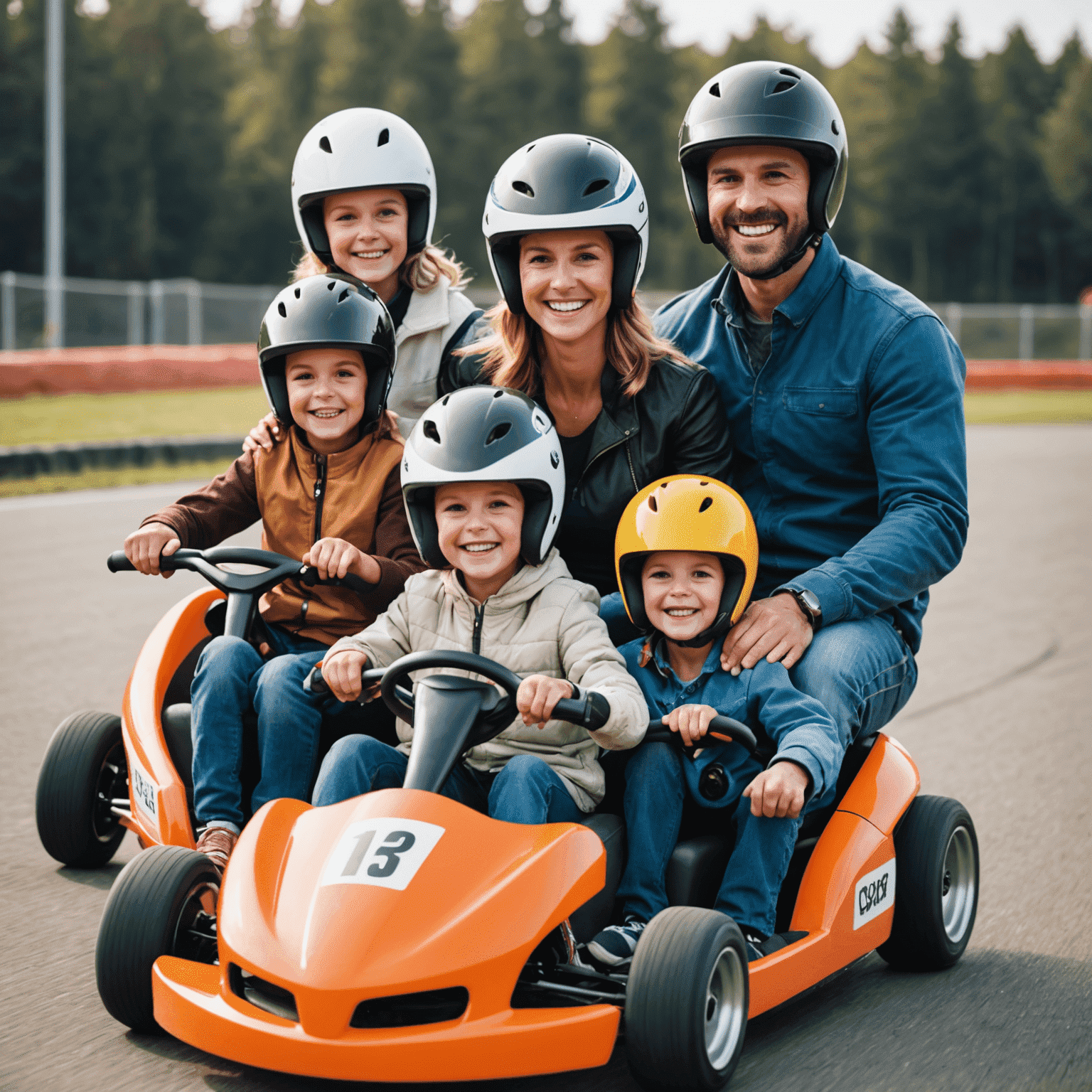 Un groupe de famille, parents et enfants, s'amusant ensemble sur une piste de karting, portant des casques et souriant