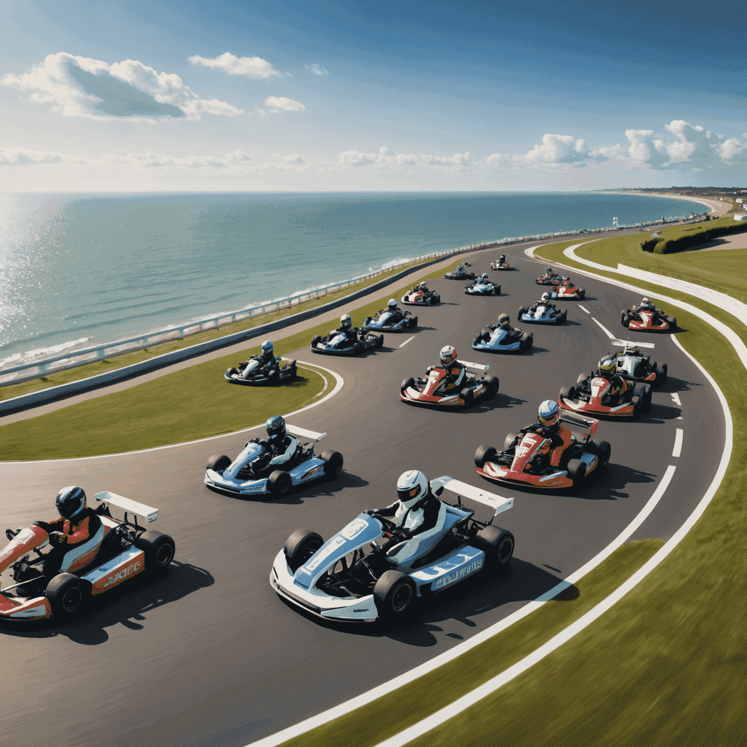 Vue panoramique de la piste de karting de Cabourg, montrant la mer en arrière-plan et des karts en course sur un circuit technique