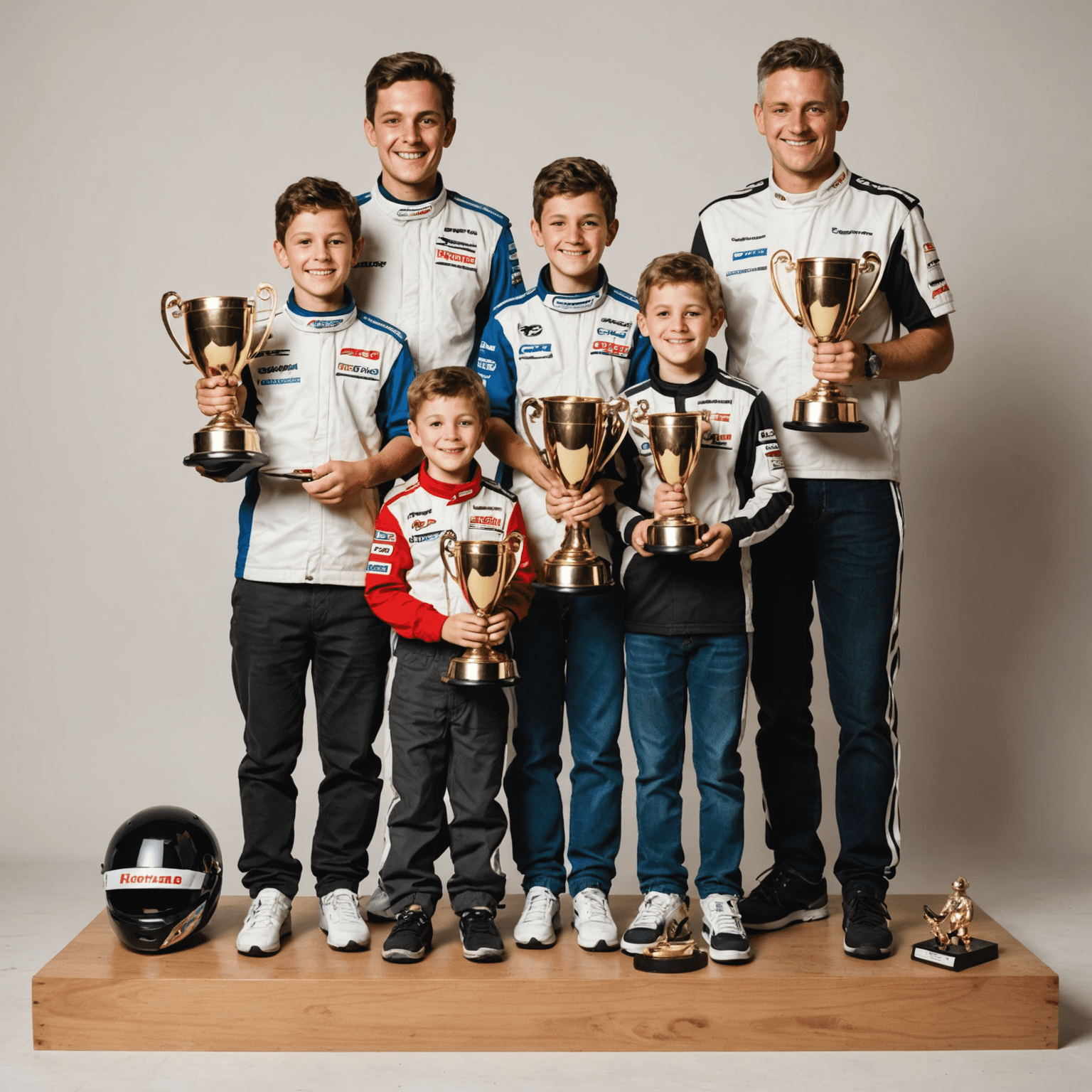 Un podium improvisé avec des membres de la famille célébrant leurs victoires en karting, tenant des trophées faits maison