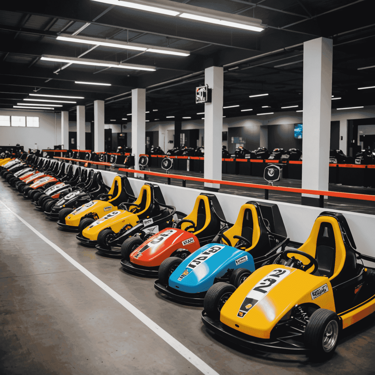 Intérieur moderne du Lyon Kart Indoor avec des karts électriques alignés, prêts pour la course, et des écrans de chronométrage en arrière-plan